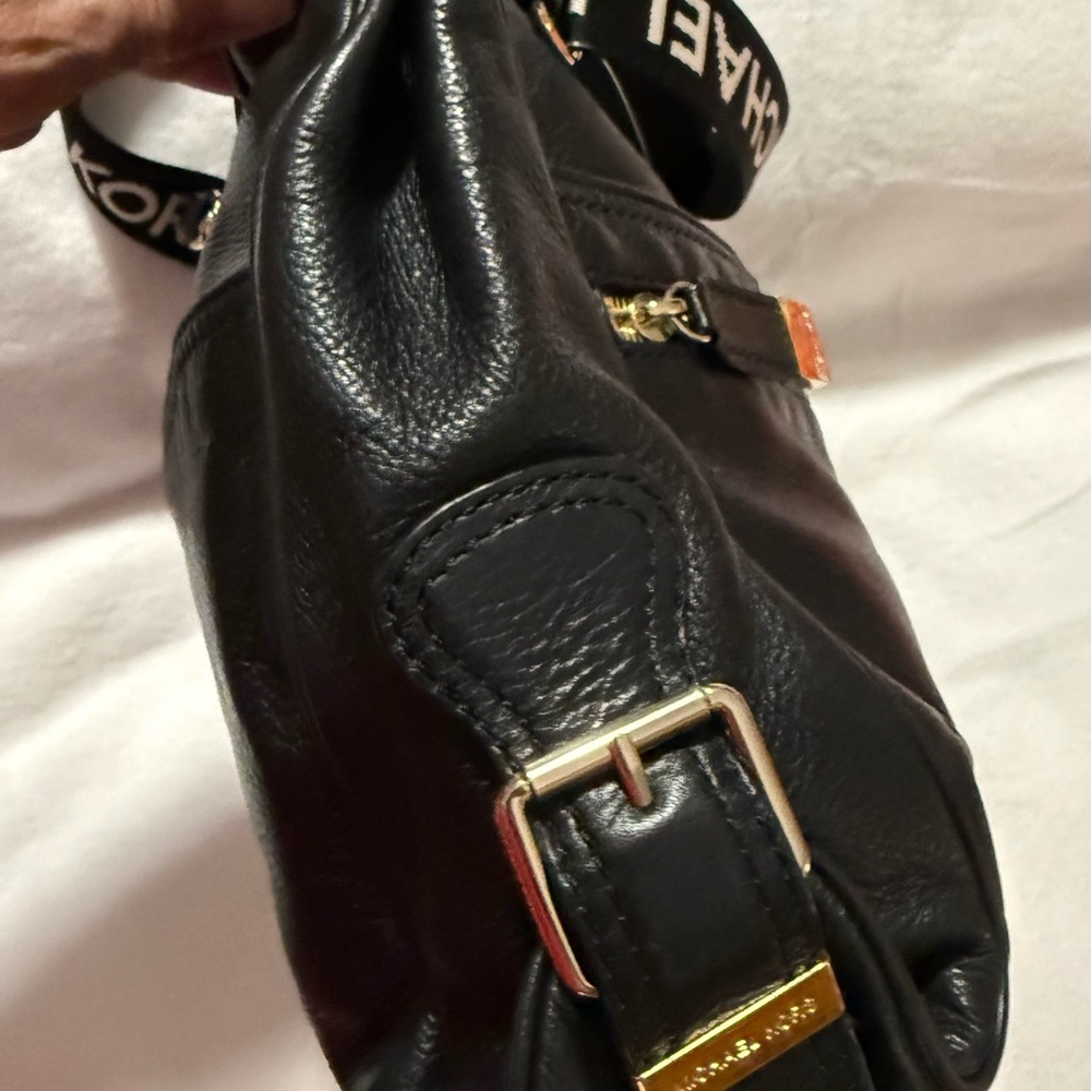 Michael Kors Black Leather Hobo Shoulder Bag Logo Strap - Picture 7 of 11